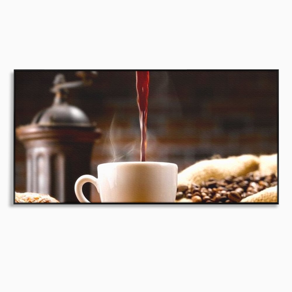 Tablou canvas cu tablou canvas cu ceasca de cafea si boabe, in rama de aluminiu negru